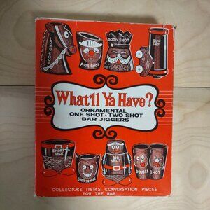 8 MCM 1950s Novelty Ornamental What'll Ya Have Redware Shot Glasses Bar Jiggers